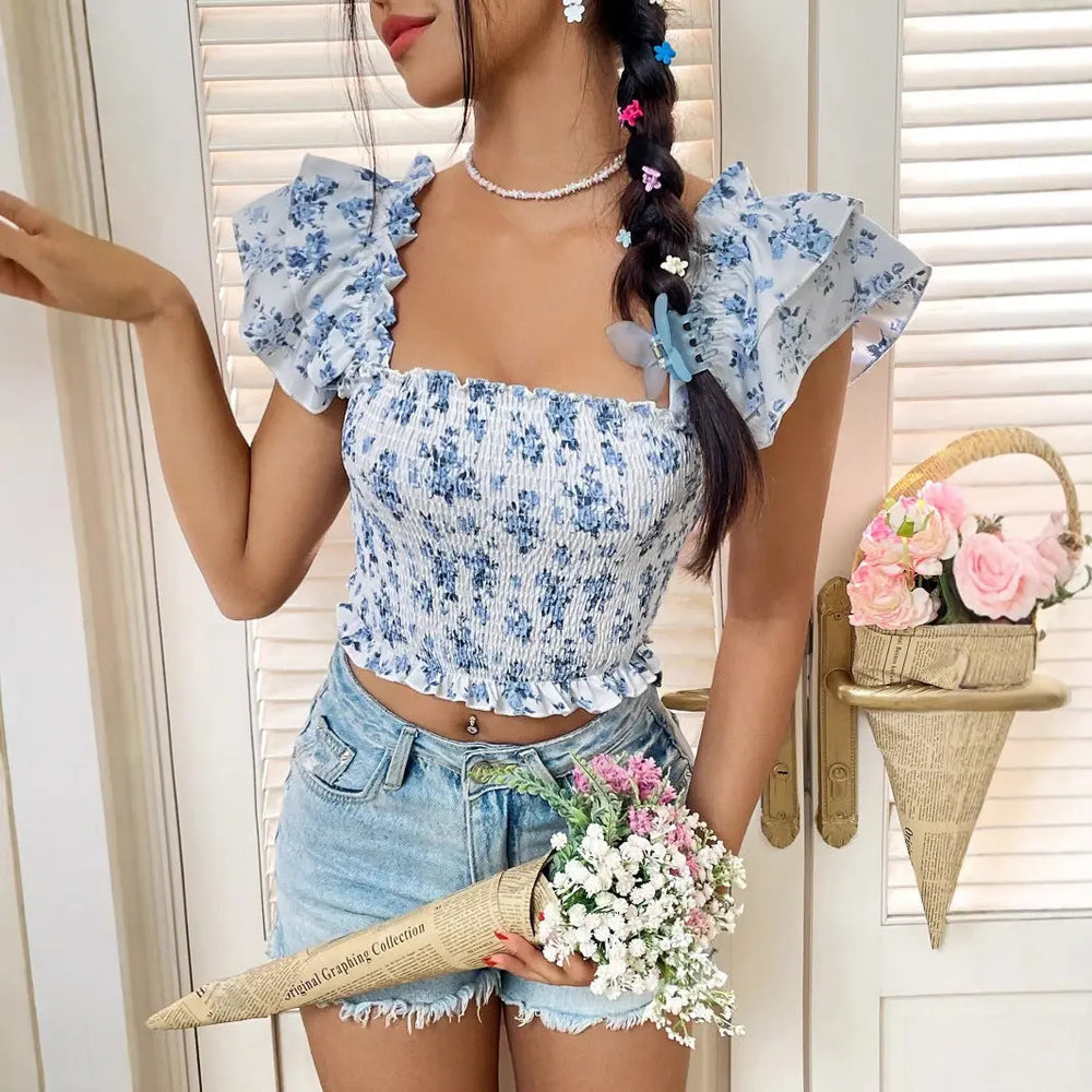 Women’s blue floral print smocked crop top with ruffle sleeves and square neckline – feminine summer blouse