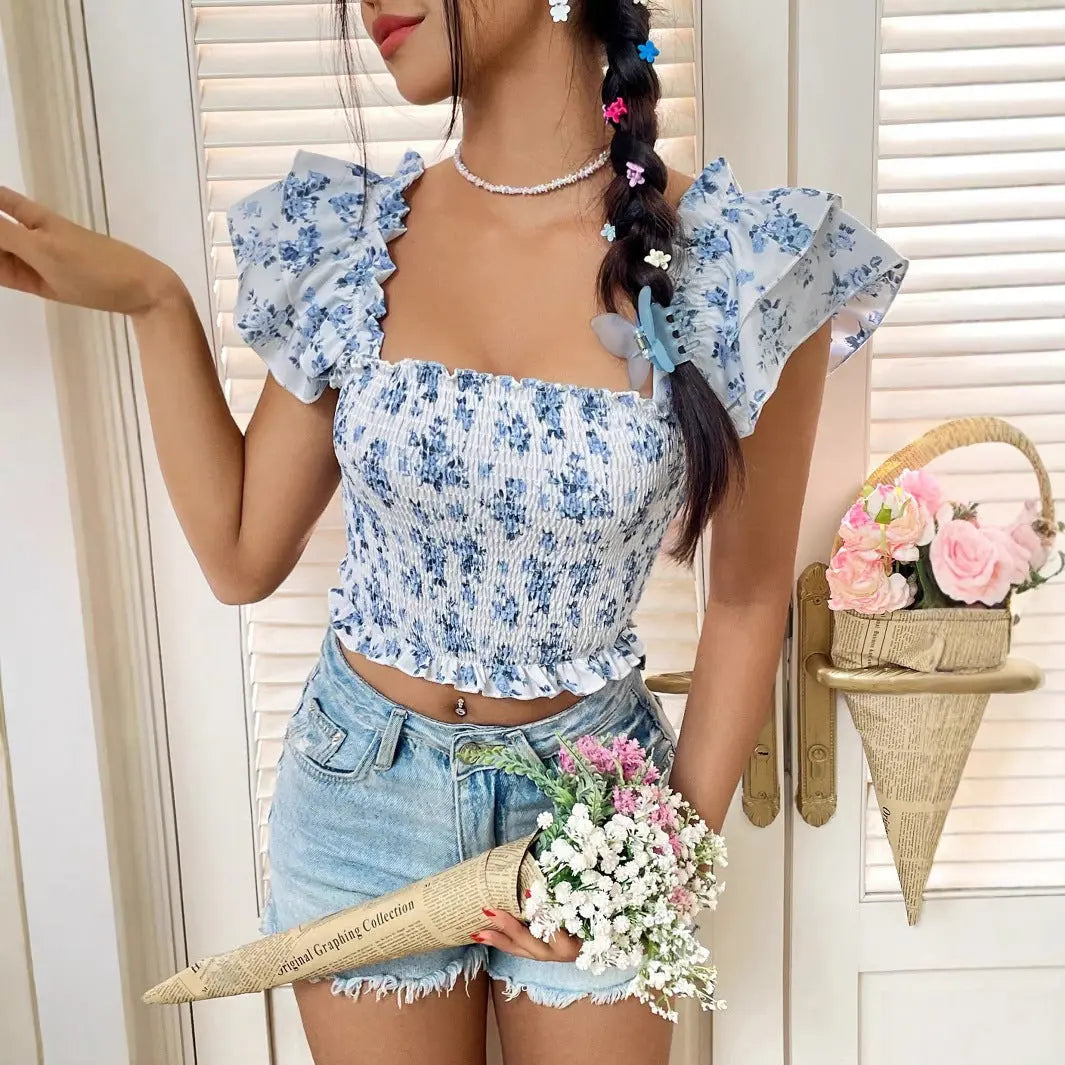 Women’s blue floral print smocked crop top with ruffle sleeves and square neckline – feminine summer blouse