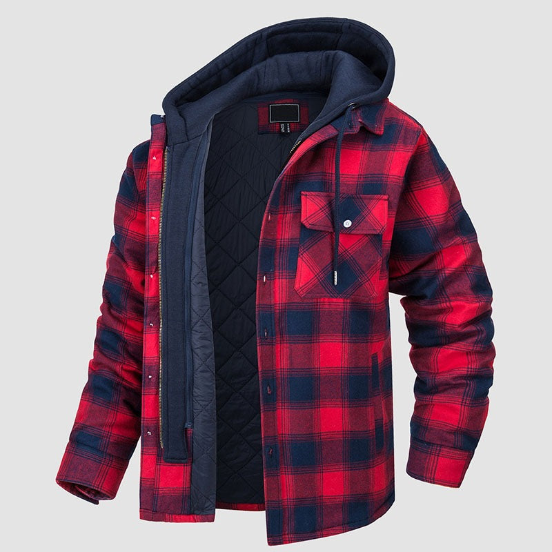 Men’s hooded flannel shirt jacket with quilted inner lining – warm plaid overshirt for winter and fall with snap buttons and front chest pocket in red