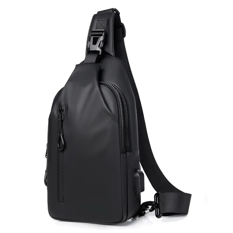 Men’s black waterproof anti-theft sling chest bag with USB charging port – compact crossbody for travel and daily use