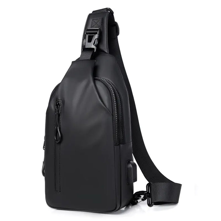 Men’s black waterproof anti-theft sling chest bag with USB charging port – compact crossbody for travel and daily use
