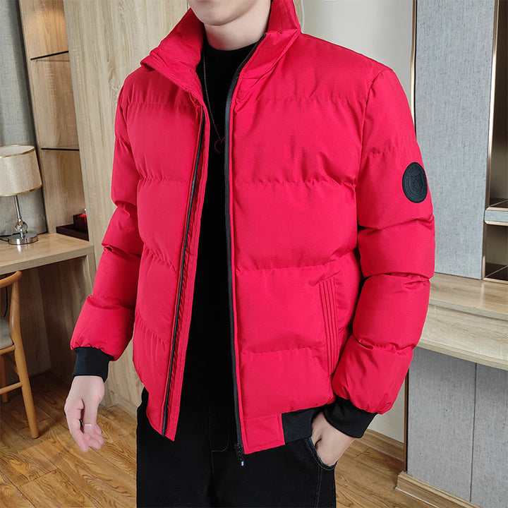 Bold red men’s insulated puffer jacket – eye-catching warm winter coat for casual streetwear or outdoor activities.