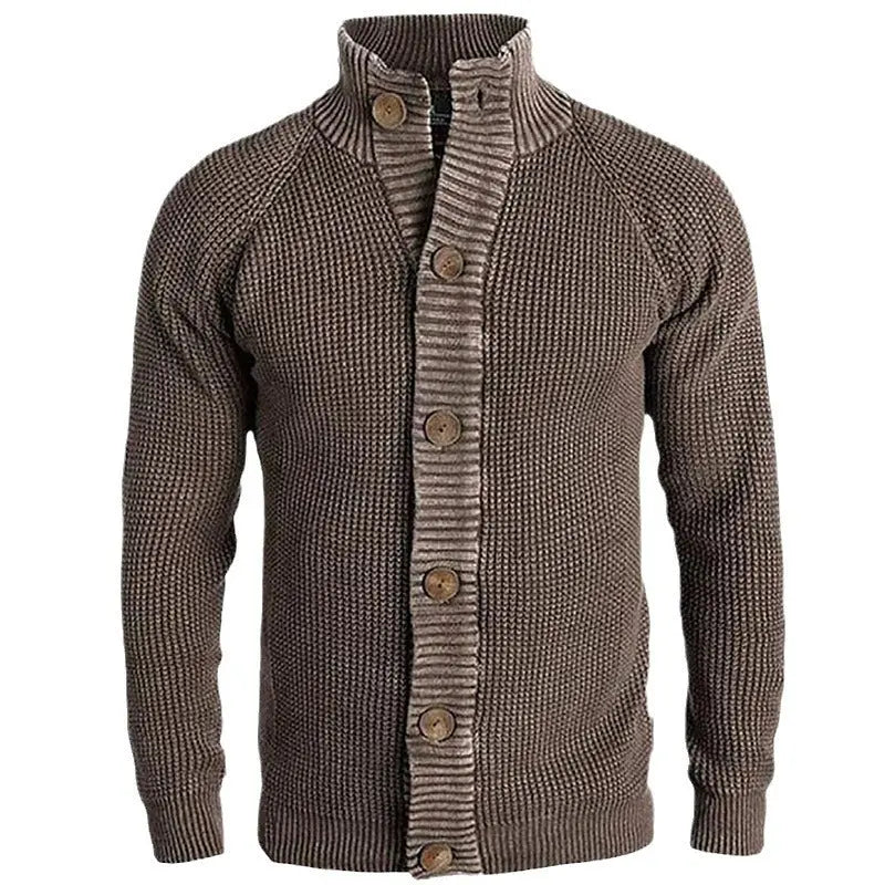 Brown ribbed knit button-up cardigan for men – slim fit casual sweater for fall and winter