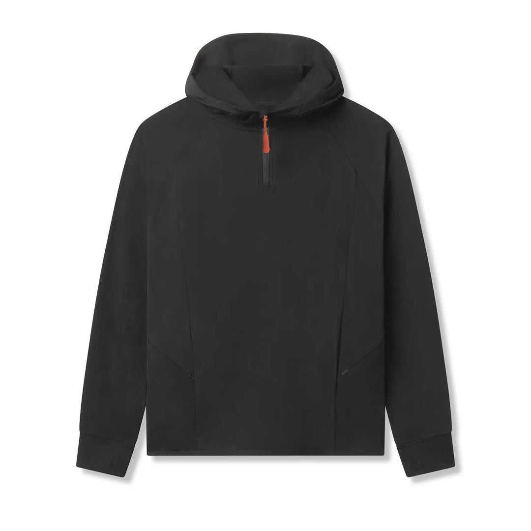 Black men's athletic hoodie with quarter zip and performance fit