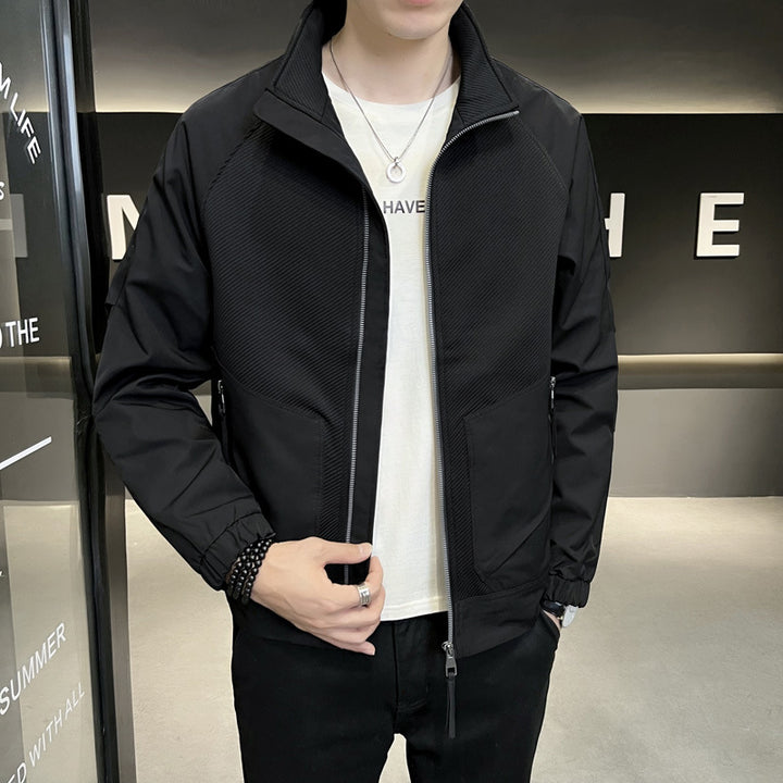 Men’s casual lightweight bomber jacket with zipper front and stand collar – stylish outerwear in black – perfect for spring and fall streetwear