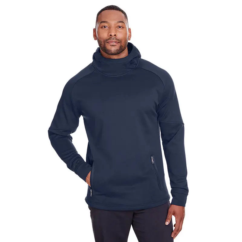 Men’s navy pullover hoodie with high neck, zip pockets, and long sleeves – casual athletic sweatshirt