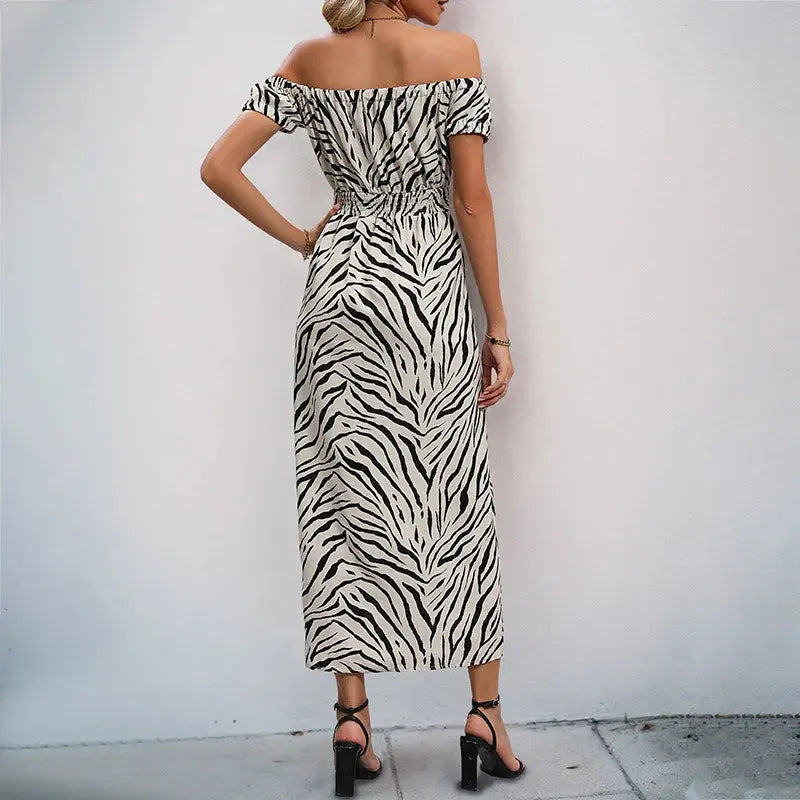 Women’s off-shoulder zebra print maxi dress with thigh-high slit and fitted waist – bold and elegant summer party outfit