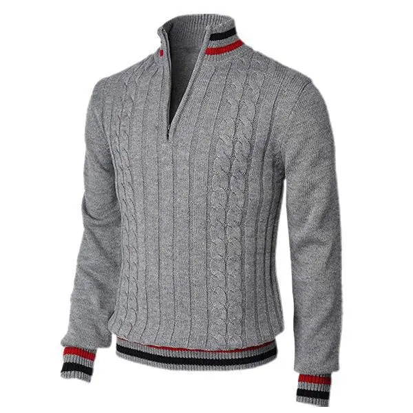 Heather gray men's knit pullover with half-zip – winter-ready cozy sweater