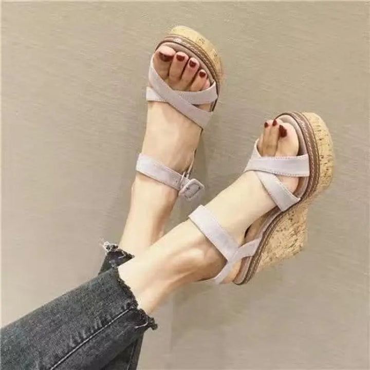 Women’s gray suede wedge sandals with cork platform and ankle strap – casual summer footwear