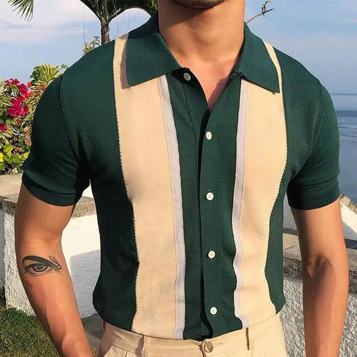Men's green and beige color block short-sleeve knit shirt with button closure