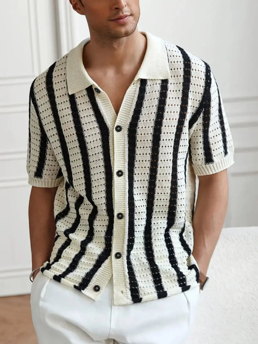 Men’s vintage-style black and white vertical striped short sleeve knit shirt – retro button-up polo