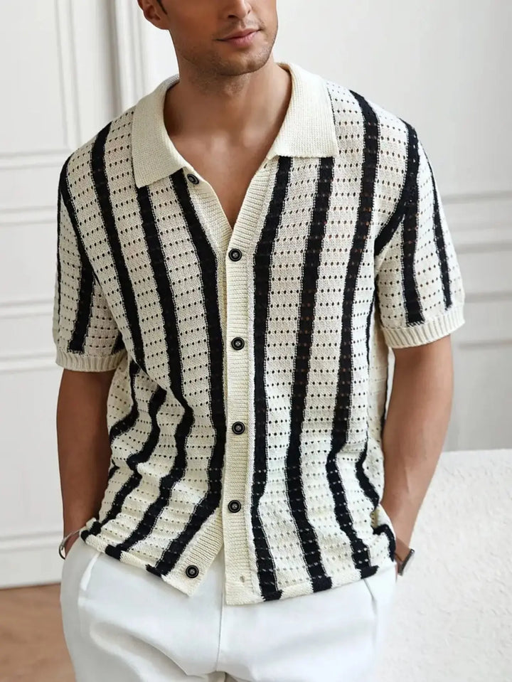 Men’s vintage-style black and white vertical striped short sleeve knit shirt – retro button-up polo