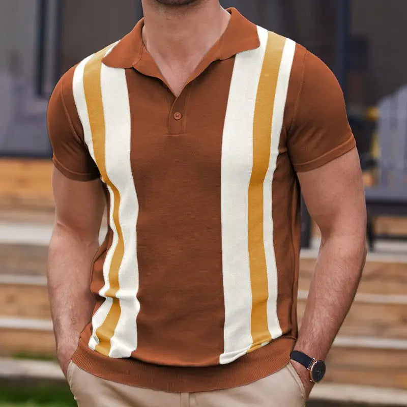 Men's brown short sleeve knit polo shirt with bold vertical stripes – vintage-inspired design
