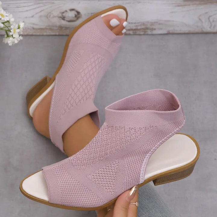 Women's lilac knit open toe flat sandals with cushioned soles – breathable summer shoes