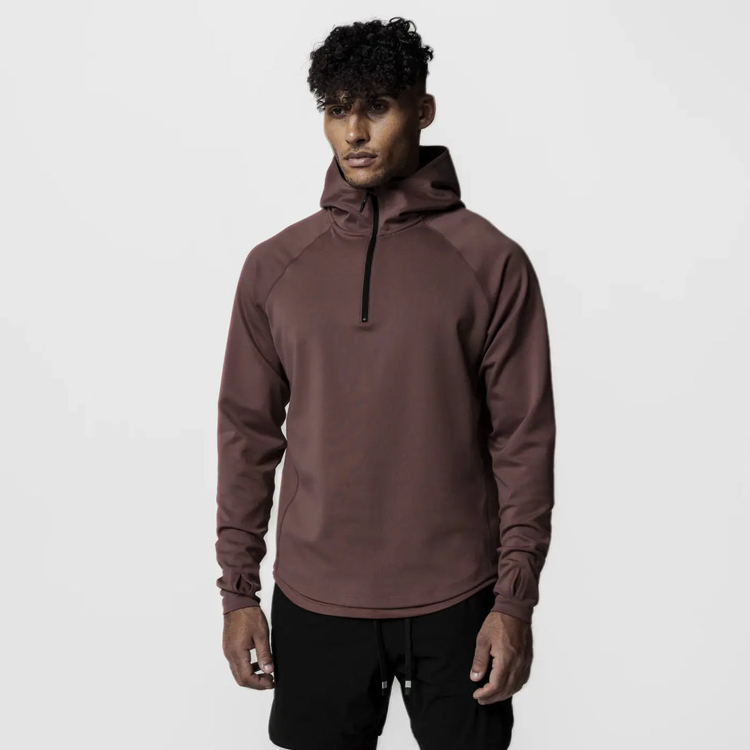 Men’s brown quarter-zip athletic hoodie with high collar and minimalist design – perfect for gym or casual wear