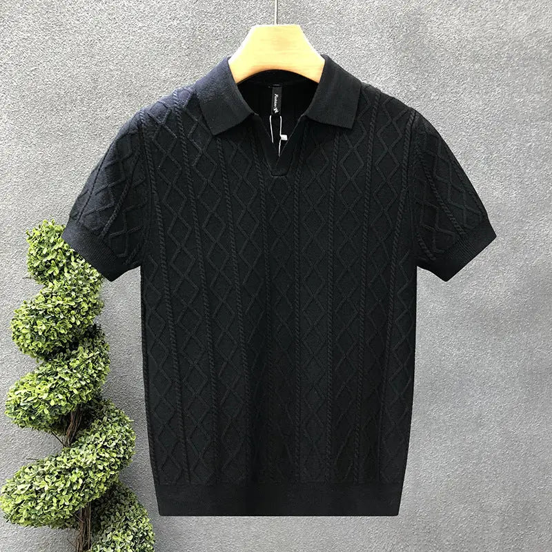 Men’s black short sleeve cable knit polo shirt with soft collar – classic summer knitwear