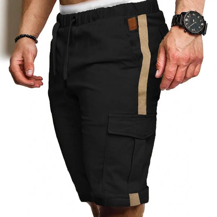 Black men’s utility cargo shorts with drawstring waistband and side flap pockets – lightweight athleisure shorts for summer