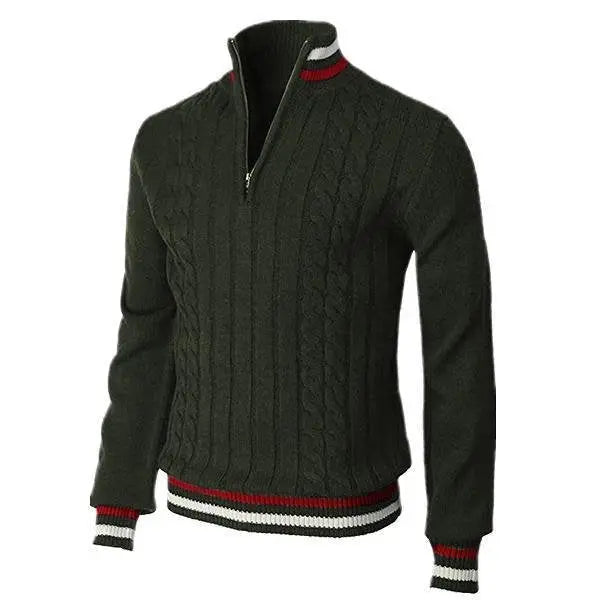 Army green zip-up sweater with knit pattern – casual and warm men's top