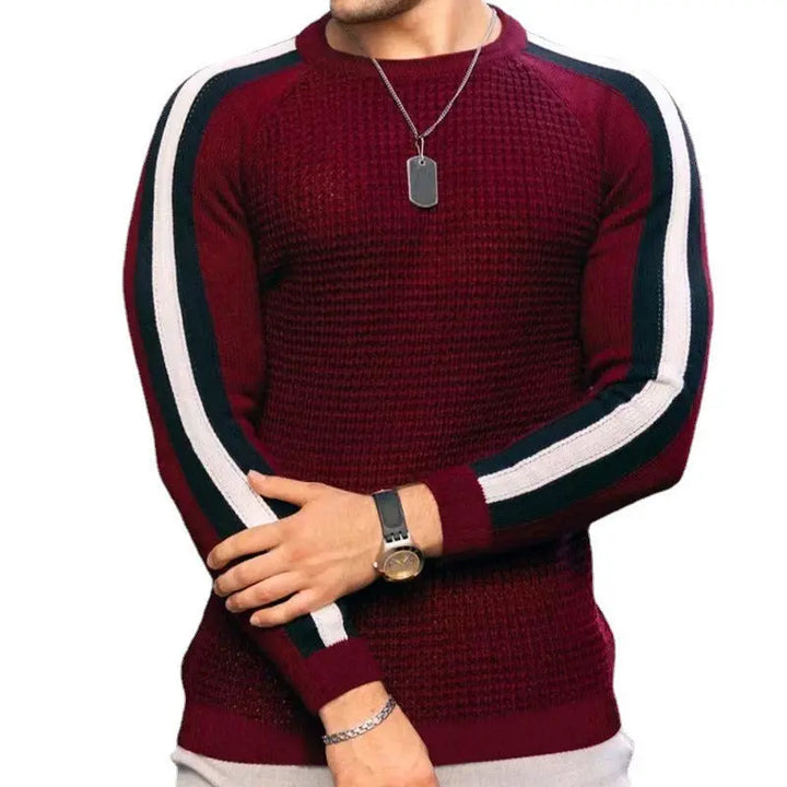 Men’s red colorblock stripe long sleeve knit sweater – fitted waffle-texture pullover with contrast arm stripes