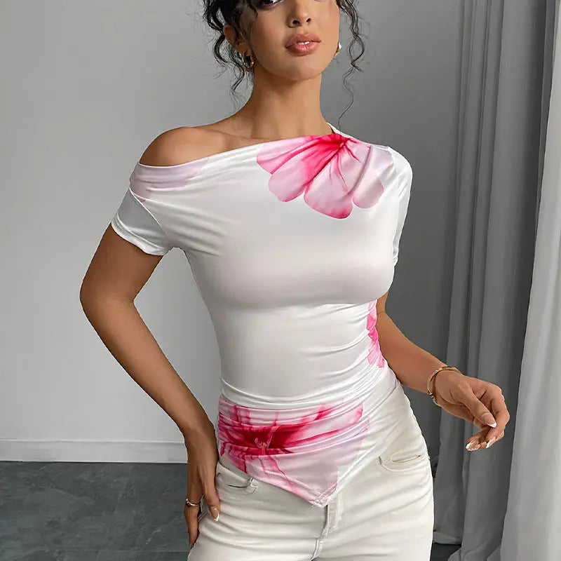 Women’s fitted white floral top with pink flower print, short sleeves, and off-shoulder neckline – summer fashion blouse