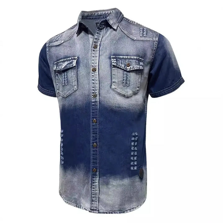 Men’s bleached gradient denim shirt with front button closure and pocket studs – short sleeve 