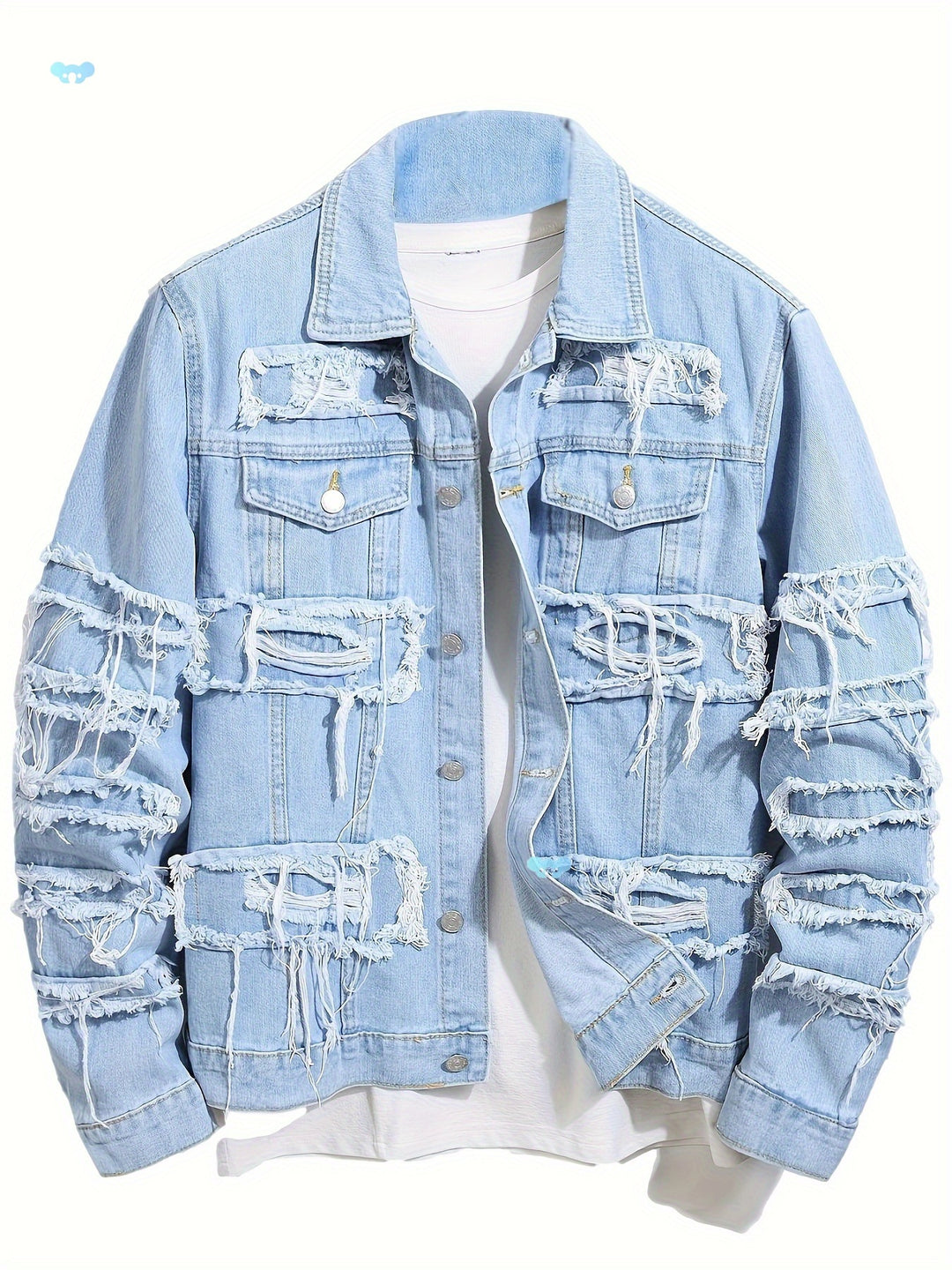 Men’s light blue distressed denim jacket with ripped panel design – edgy streetwear outerwear for casual urban fashion.
