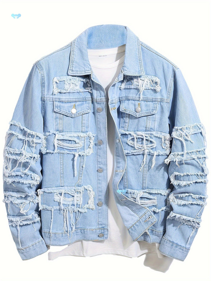 Men’s light blue distressed denim jacket with ripped panel design – edgy streetwear outerwear for casual urban fashion.