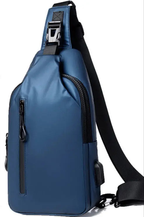 Men’s blue waterproof anti-theft sling chest bag with USB charging port – compact crossbody for travel and daily use