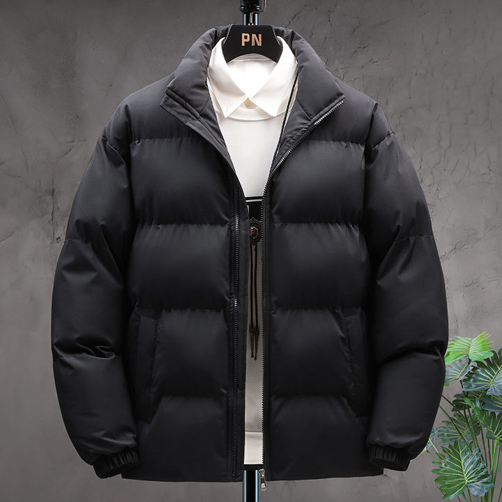 Men’s black puffer jacket. Quilted winter jacket with high collars and front zippers