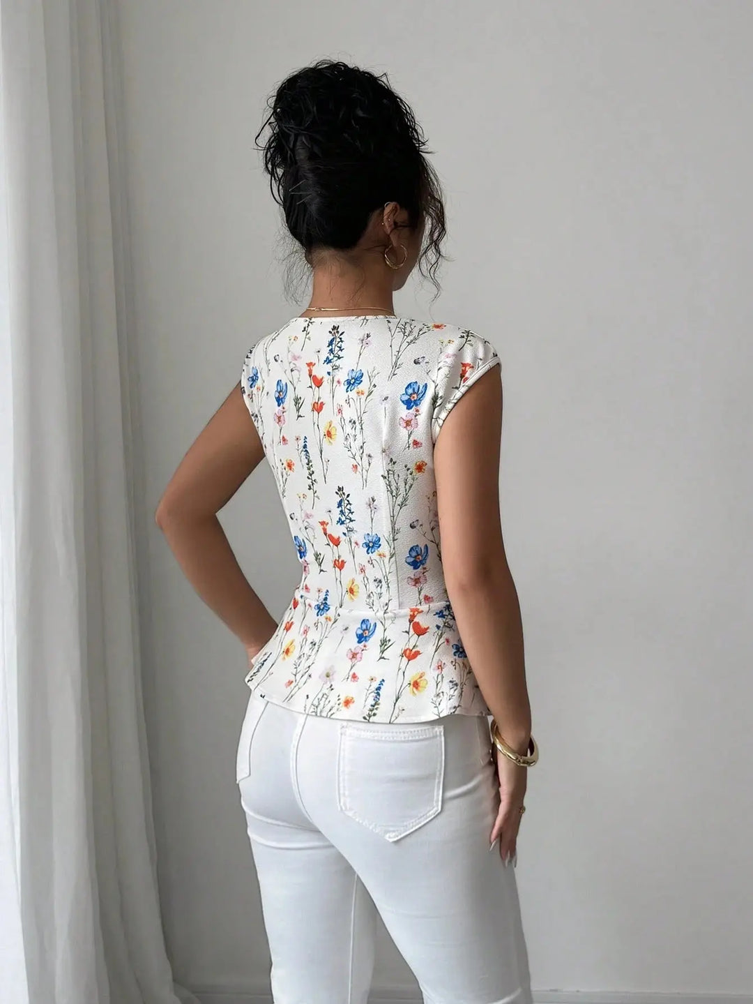 Woman wearing a floral top