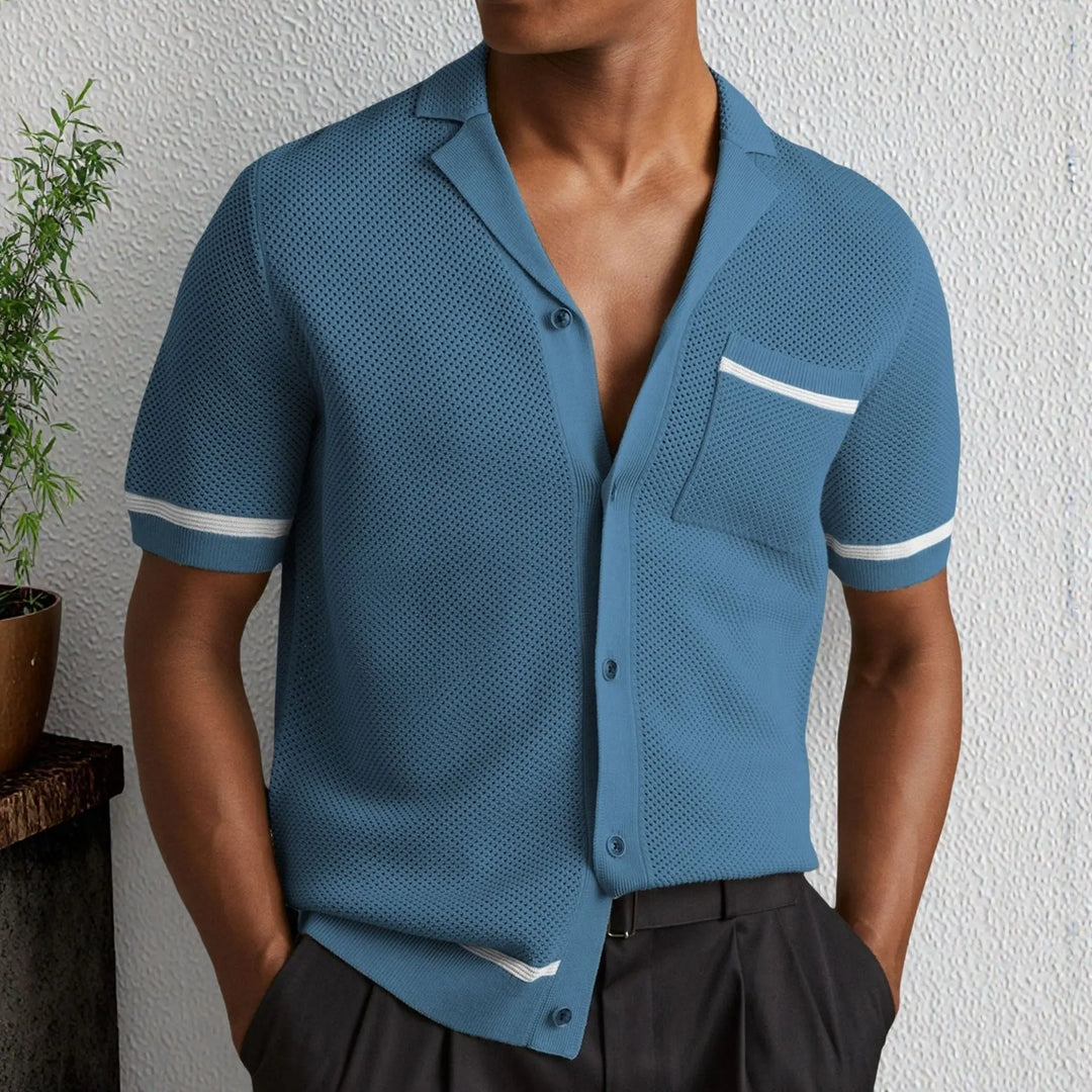 Men’s blue short sleeve button-up shirt with open collar and textured knit fabric – breathable summer casual wear