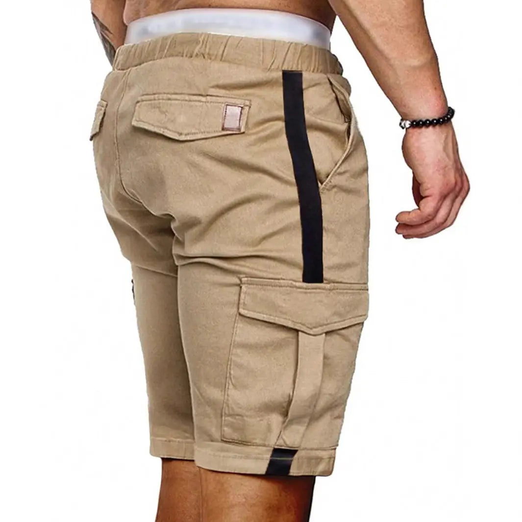 Beige men’s cargo shorts with back and side utility pockets – casual summer streetwear with black accent zipper detail