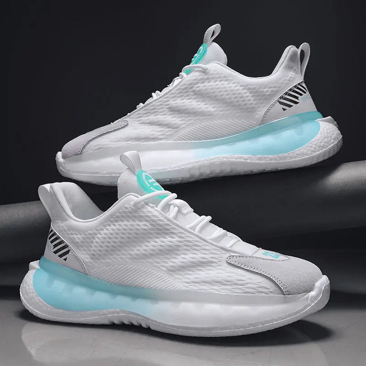 A pair of SleekMotion Running Sneakers with white color scheme, showcasing the mesh upper and cushioning sole.