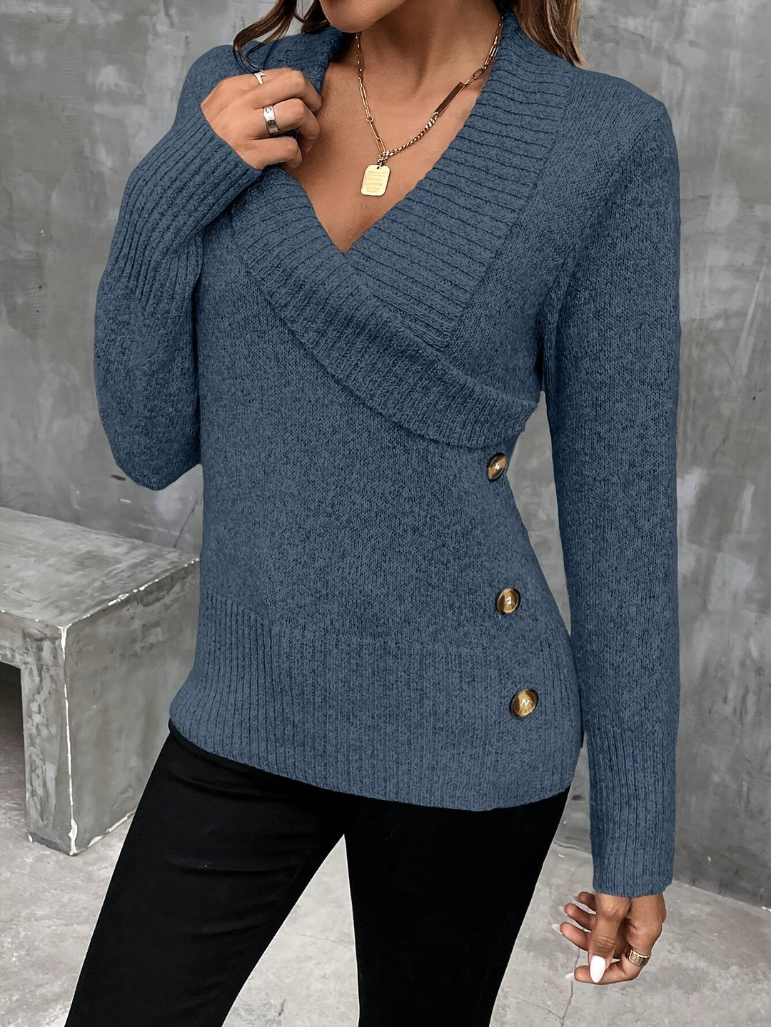 Stylish women’s wrap sweater with side buttons in blue – cozy knit pullover for fall and winter layering.