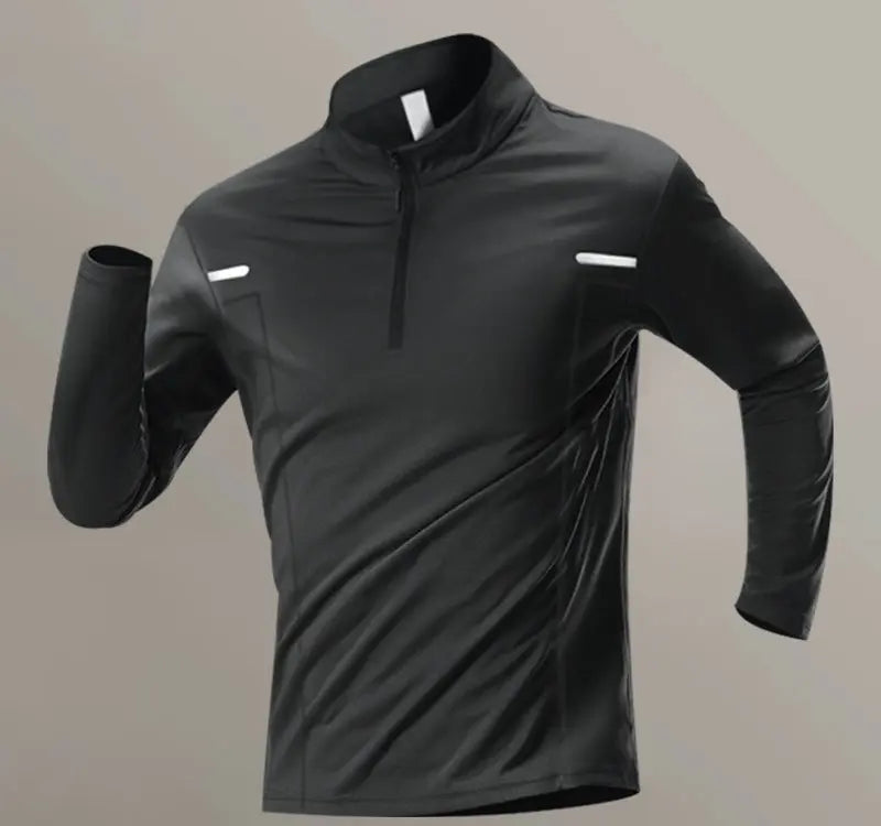 A black long-sleeved RunFlow Sport Shirt with a half zipper and white reflective design accents on the shoulders.
