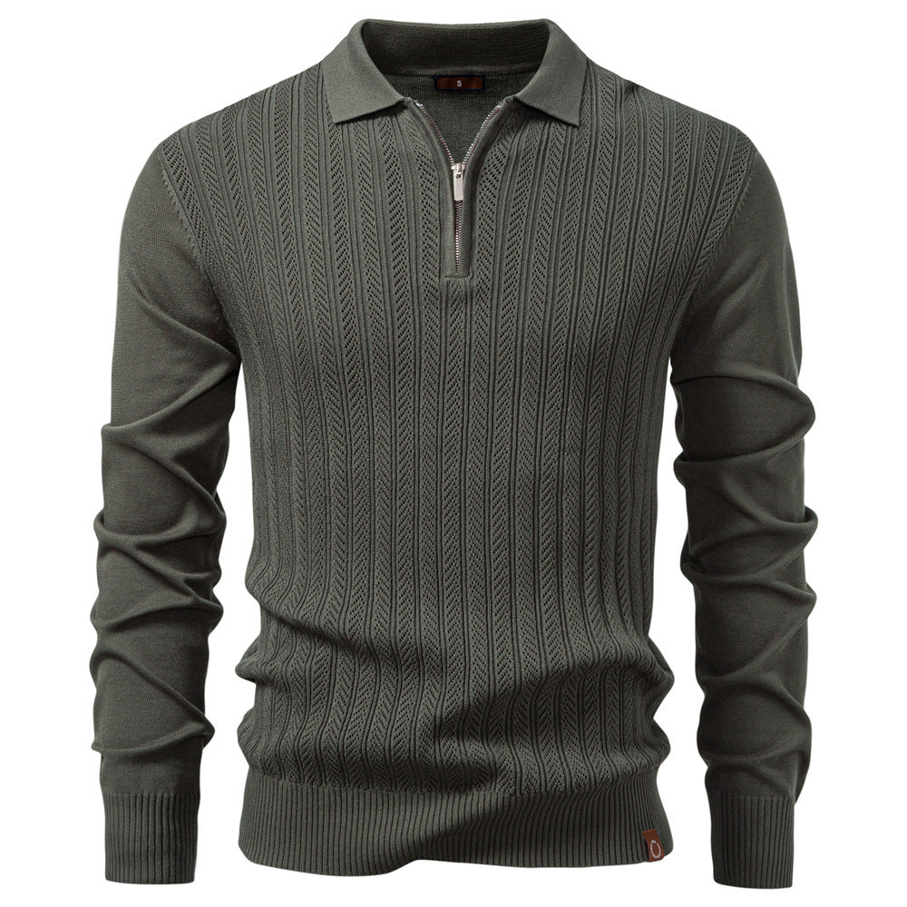 Army green knit polo sweater for men with zipper collar – stylish and cozy fall/winter layering essential