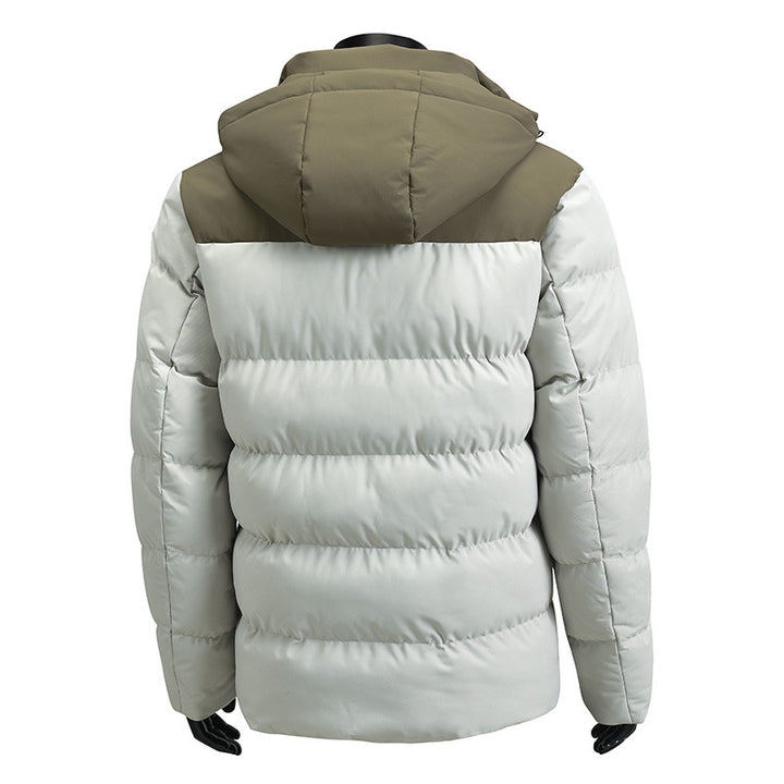 Men’s insulated color-block puffer jacket with hood – warm winter coat with windproof design, zip closure, and thermal padding in white and green hood