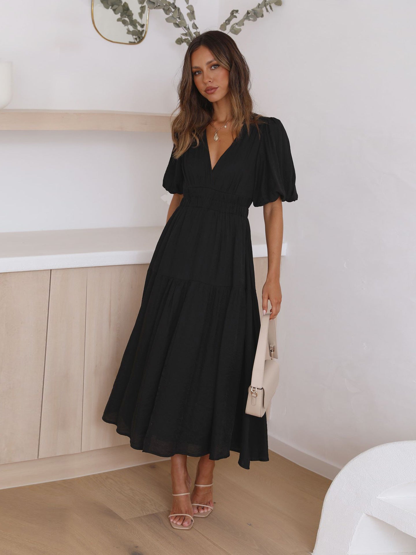 Elegant black V-neck midi dress for women – lightweight short sleeve flowy silhouette for casual and semi-formal wear