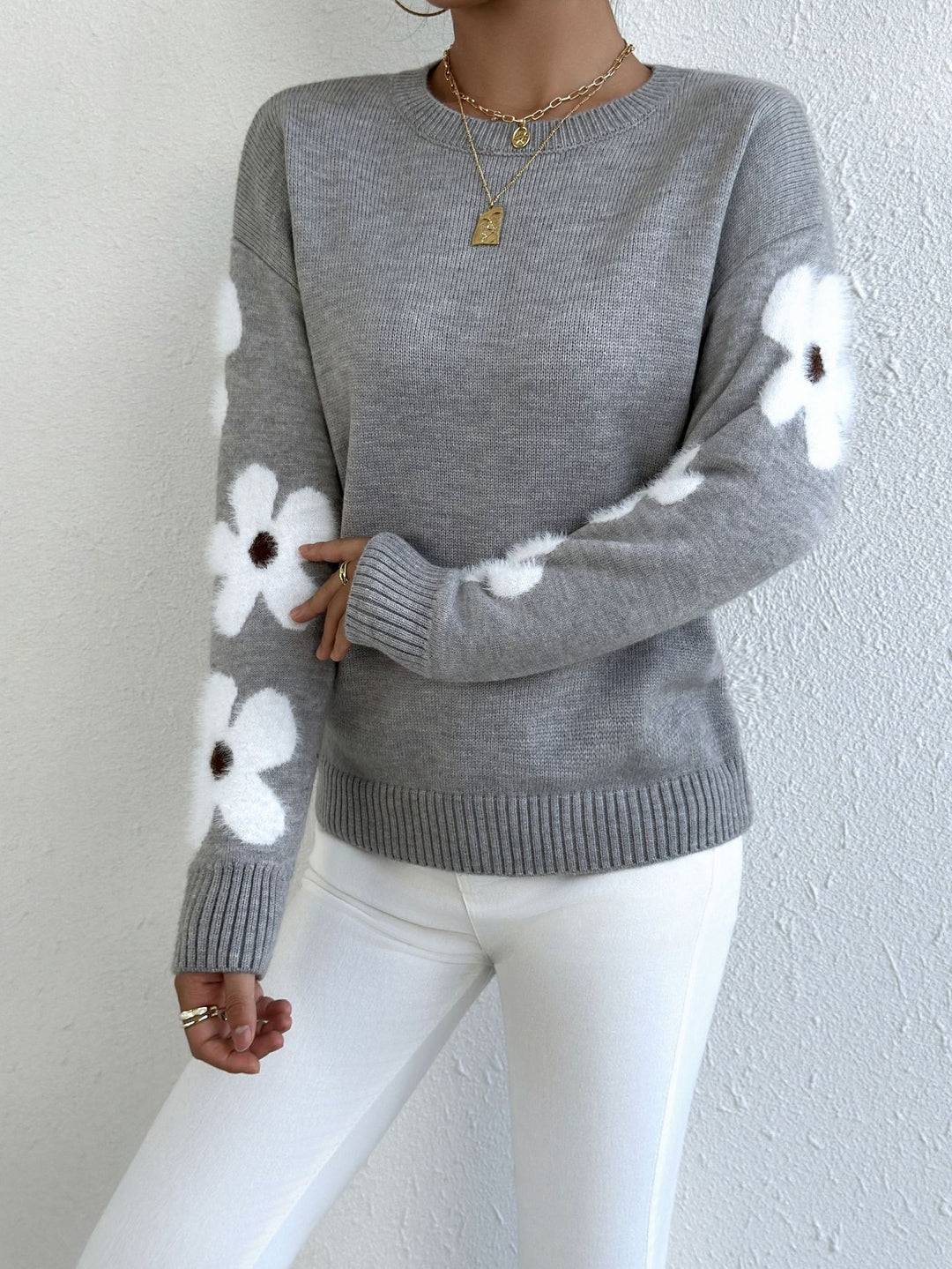 Women’s Floral Cuff Sweater – Soft Knit Pullover