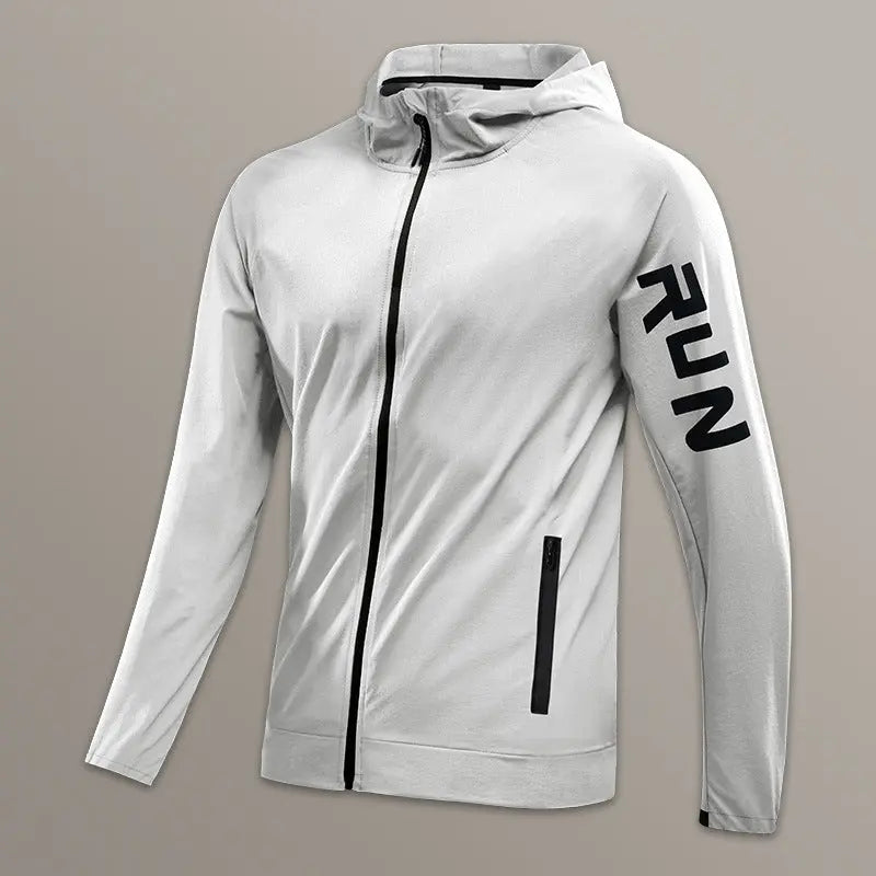 Men’s beige zip-up running jacket with hood and 'RUN' sleeve print – breathable activewear outer layer