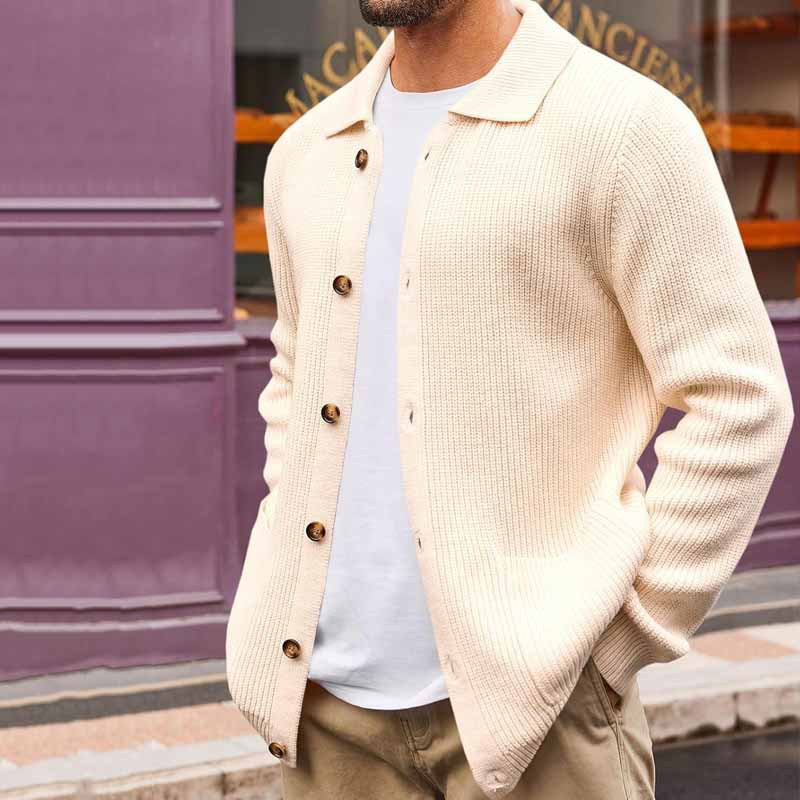 Cream men’s knit button-up cardigan – cozy collared winter layer for casual to semi-formal looks