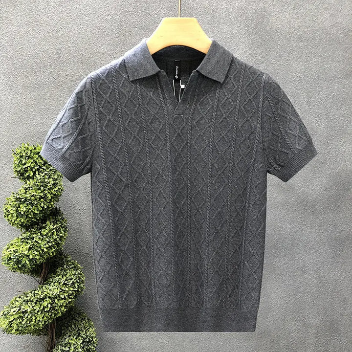 Men’s gray short sleeve cable knit polo shirt with soft collar – classic summer knitwear