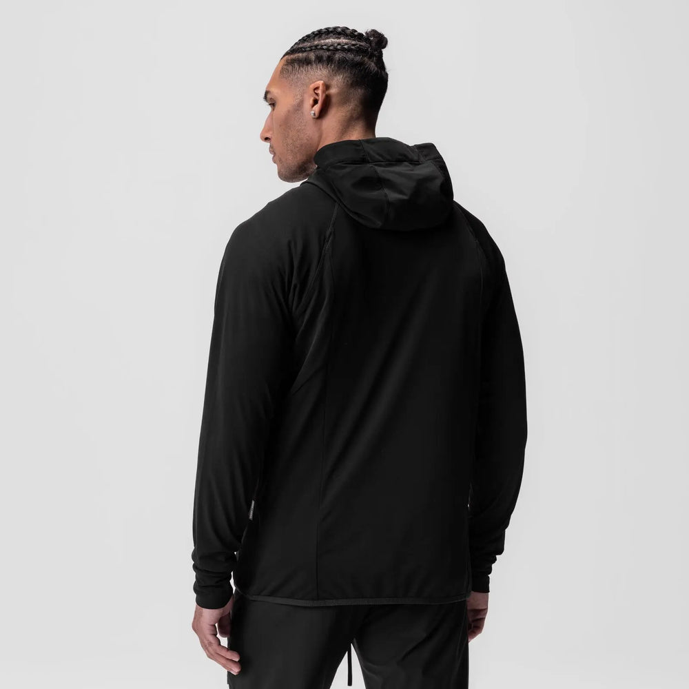 Black men's athletic hoodie with quarter zip and performance fit