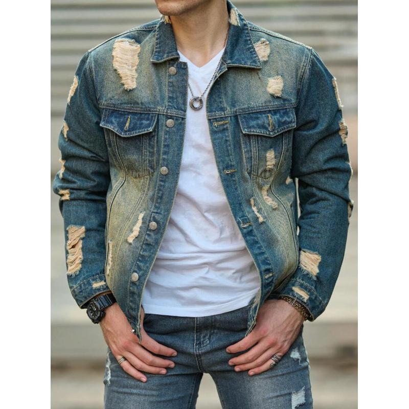 Men’s distressed blue ripped denim jacket with heavy distressing – vintage washed jean jacket with chest pockets