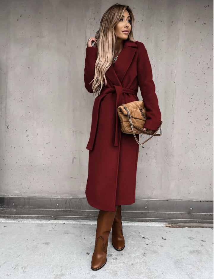 Wine red belted trench coat for women – rich color wool coat for elegant winter dressing