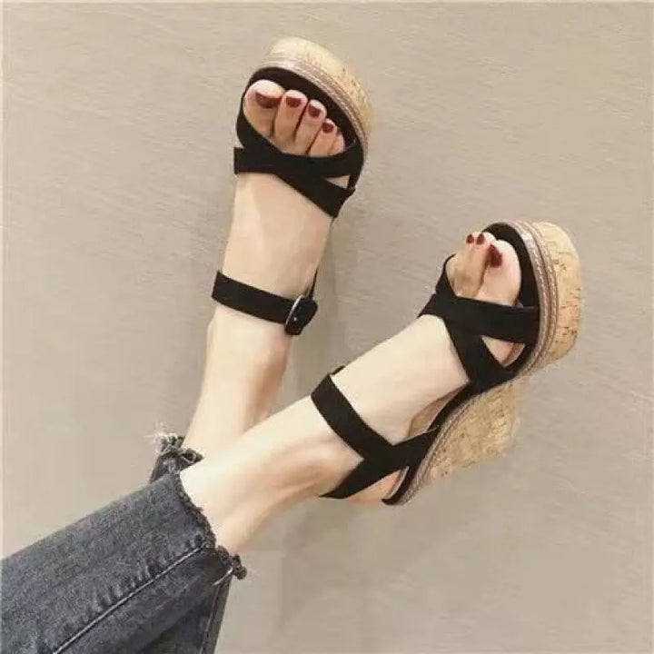 Women’s black suede wedge sandals with cork platform and ankle strap – casual summer footwear