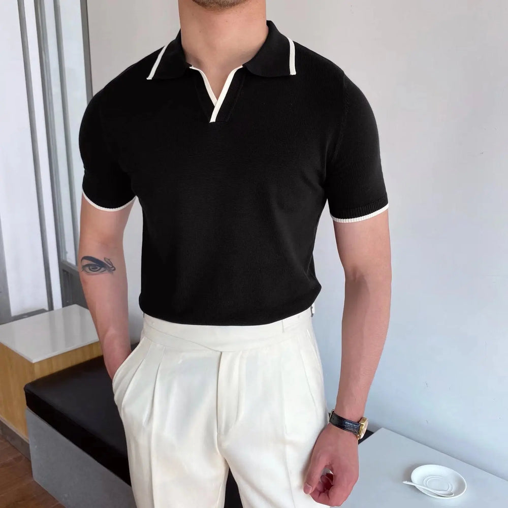 Men’s black short sleeve polo shirt with white contrast trim and collar – smart casual knit top