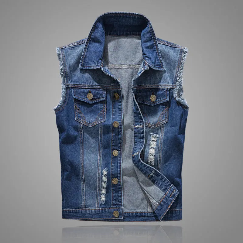 Men's sleeveless distressed denim vest – rugged blue jean jacket with ripped detailing