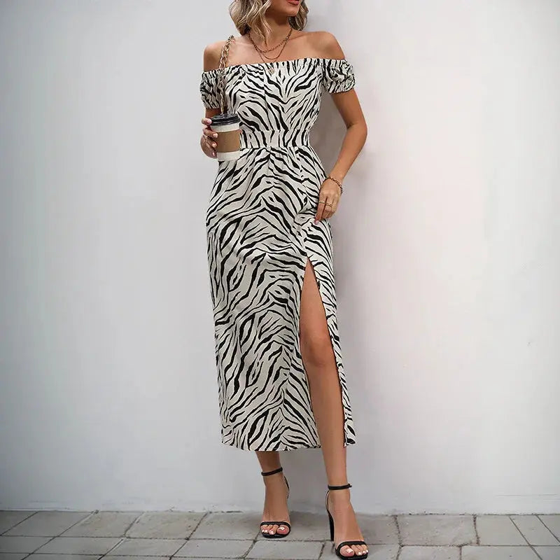 Women’s off-shoulder zebra print maxi dress with thigh-high slit and fitted waist – bold and elegant summer party outfit