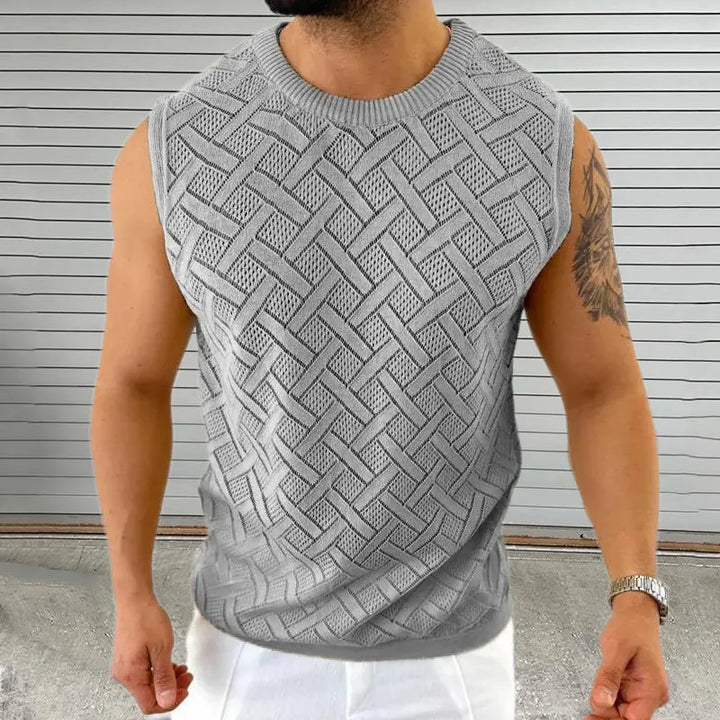 Men's grey sleeveless knit tank top with woven pattern – breathable summer muscle fit top